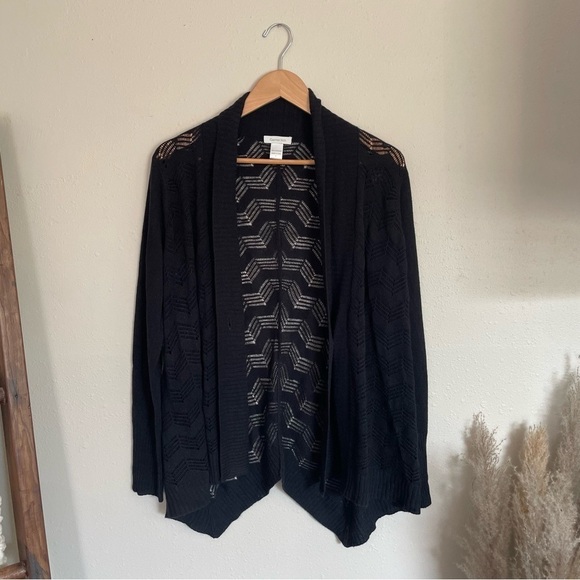 Garnet Hill | Cashmere Lightweight Crochet Knit Black Cardigan Sweater - Picture 1 of 9